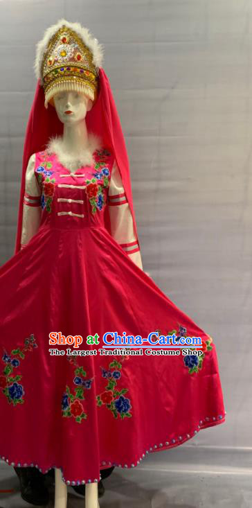 Chinese Traditional Xibe Nationality Clothing Sibe Minority Folk Dance Rosy Dress Uniforms Xinjiang Ethnic Bride Garment Costume and Headdress