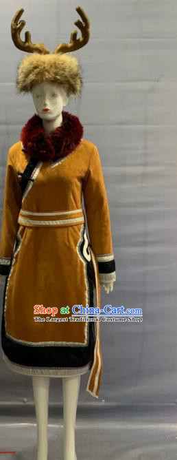 Chinese Oroqen Nationality Clothing Olunchun Minority Folk Dance Dress Uniforms Heilongjiang Ethnic Festival Garment Costume and Headdress