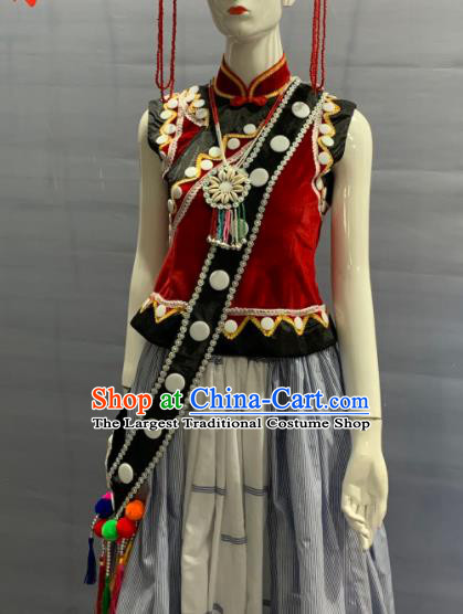 Chinese Lisu Nationality Clothing Olunchun Minority Folk Dance Dress Uniforms Yunnan Ethnic Festival Garment Costume and Tassel Hat