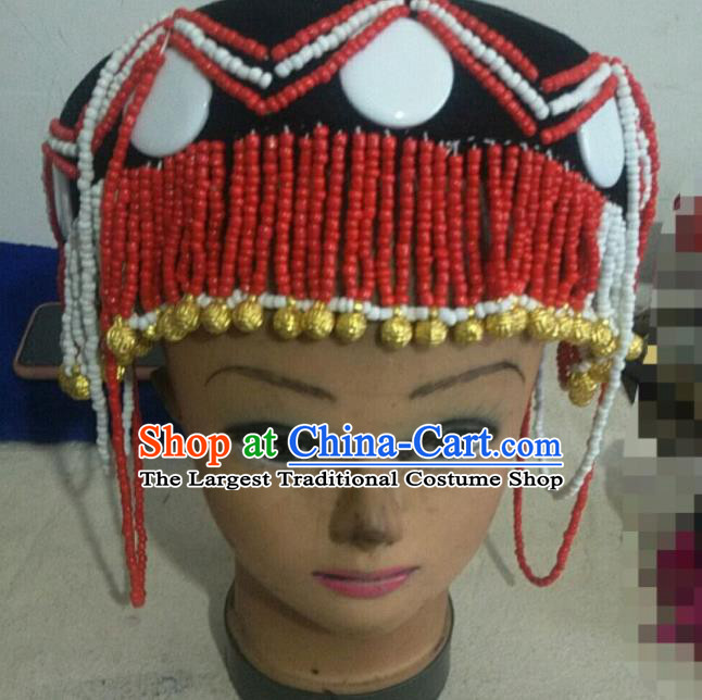 Handmade Chinese Lisu Nationality Headdress Yunnan Ethnic Woman Red Beads Hat