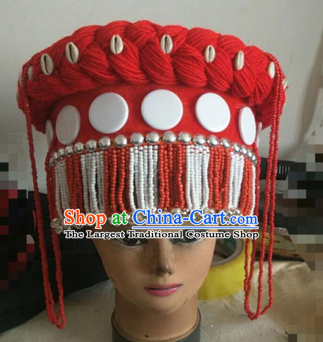 Handmade Chinese Lisu Nationality Folk Dance Headdress Yunnan Ethnic Woman Silver Bells Tassel Hat