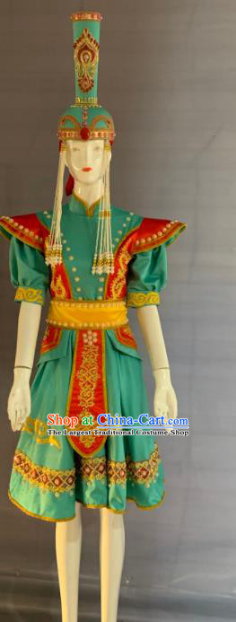 Chinese Mongol Nationality Festival Clothing Minority Folk Dance Green Dress Uniforms Mongolian Ethnic Bride Garment Costume and Tassel Hat