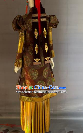 Chinese Mongol Nationality Wedding Clothing Minority Folk Dance Brown Dress Uniforms Mongolian Ethnic Traditional Garment Costume and Tassel Headdress