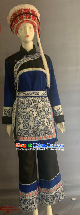Chinese Bai Nationality Female Clothing Dali Minority Folk Dance Navy Uniforms Yunnan Ethnic Garment Costume and Red Hat