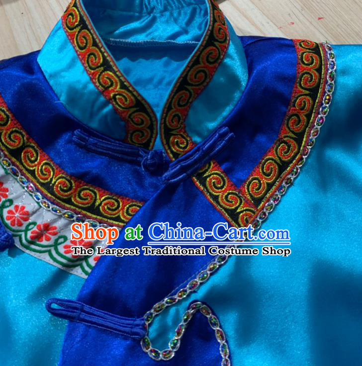 Chinese Yi Nationality Torch Festival Clothing Minority Folk Dance Blue Dress Uniforms Sichuan Ethnic Female Garment Costume and Headwear