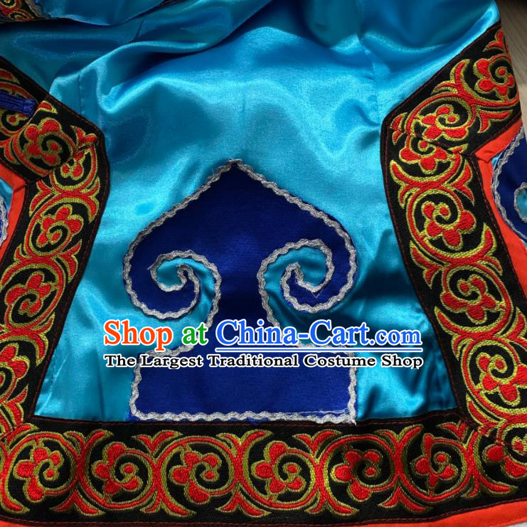Chinese Yi Nationality Torch Festival Clothing Minority Folk Dance Blue Dress Uniforms Sichuan Ethnic Female Garment Costume and Headwear