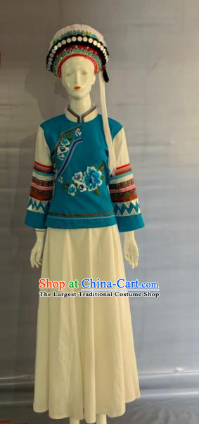 Chinese Bai Nationality Woman Clothing Minority Folk Dance Blue Dress Uniforms Yunnan Ethnic Festival Garment Costume and Hat