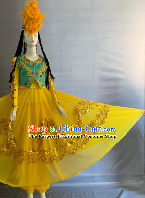 Chinese Uighur Minority Folk Dance Yellow Dress Uniforms Xinjiang Ethnic Female Garment Costume Uyghur Nationality Dance Clothing and Headpiece