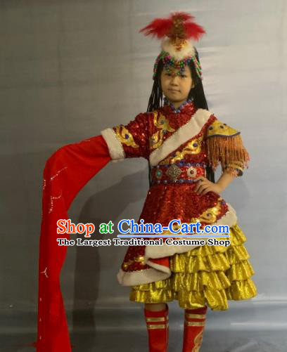 China Tibetan Ethnic Girl Stage Performance Garment Costumes Traditional Zang Nationality Folk Dance Clothing and Headwear