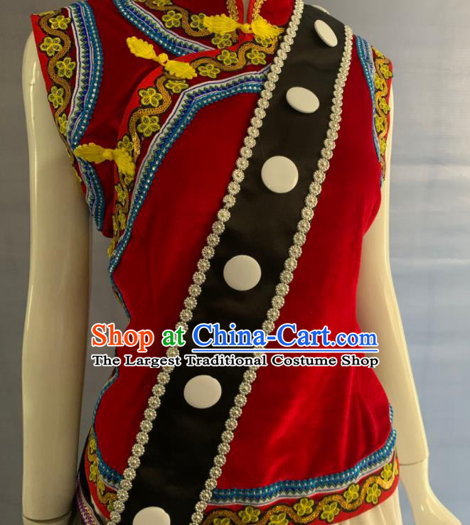 Chinese Lisu Nationality Woman Clothing Nu Minority Red Velvet Dress Uniforms Yunnan Ethnic Folk Dance Garment Costumes