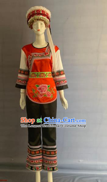 Chinese Bai Nationality Woman Clothing Minority Folk Dance Dress Uniforms Yunnan Ethnic Performance Garment Costume and Hat