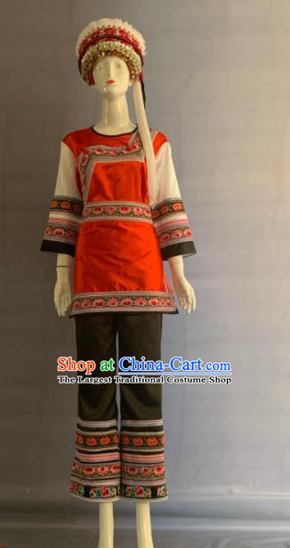 Chinese Bai Nationality Woman Clothing Minority Folk Dance Dress Uniforms Yunnan Ethnic Performance Garment Costume and Hat