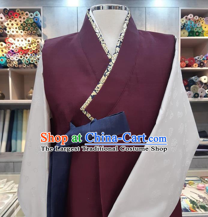 Korea Festival Clothing Wedding Hanbok Young Man Purple Vest White Shirt and Lilac Pants Korean Traditional Bridegroom Costumes