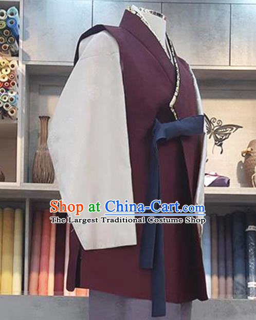 Korea Festival Clothing Wedding Hanbok Young Man Purple Vest White Shirt and Lilac Pants Korean Traditional Bridegroom Costumes