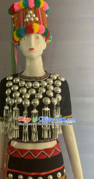 Chinese Jingpo Nationality Woman Clothing Chingpo Minority Folk Dance Dress Uniforms Yunnan Ethnic Bride Garment Costumes and Hat