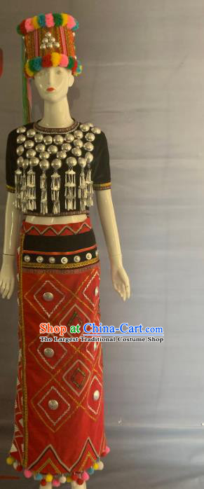 Chinese Jingpo Nationality Woman Clothing Chingpo Minority Folk Dance Dress Uniforms Yunnan Ethnic Bride Garment Costumes and Hat
