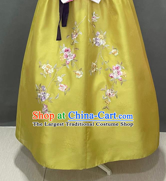 Korean Bride Fashion Embroidered Rosy Blouse and Yellow Dress Traditional Court Hanbok Clothing Classical Wedding Garment Costumes