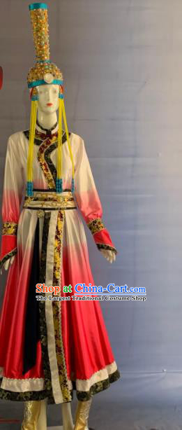 Chinese Mongol Nationality Wedding Clothing Minority Female Rosy Dress Uniforms Mongolian Ethnic Bride Garment Costumes and Hat
