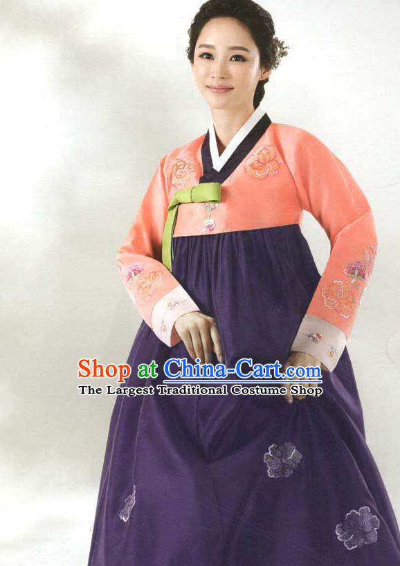 Korean Classical Wedding Garment Costumes Bride Fashion Embroidered Orange Blouse and Purple Dress Traditional Court Hanbok Clothing