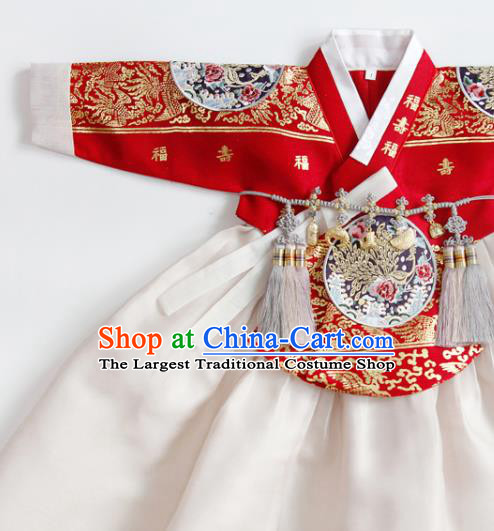 Korean Traditional Girl Hanbok Court Fashion Costumes Children Princess Tangyi Red Blouse and White Dress