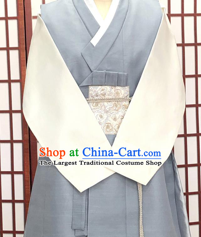 Korean Traditional Bridegroom Costumes Korea Festival Clothing Wedding Hanbok Young Man Blue Vest White Shirt and Khaki Pants