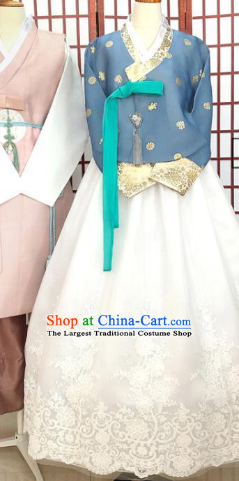 Korean Classical Wedding Garment Clothing Bride Fashion Blue Blouse and White Dress Traditional Court Hanbok Costumes