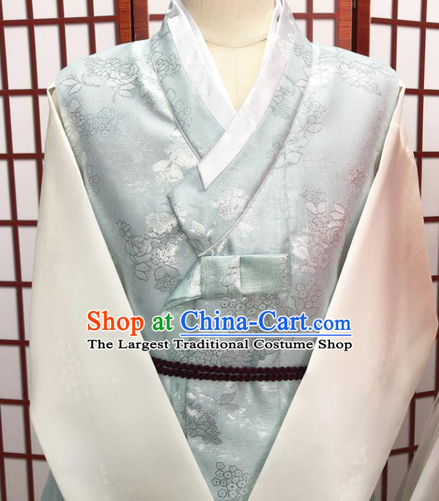 Korean Young Man Blue Vest Beige Shirt and Khaki Pants Traditional Bridegroom Costumes Korea Festival Clothing Wedding Hanbok