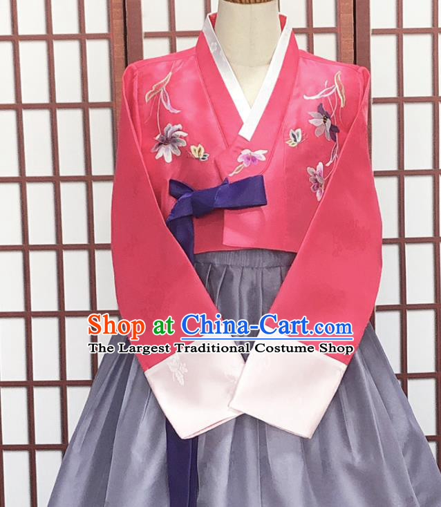 Korean Embroidered Rosy Blouse and Lilac Dress Traditional Court Hanbok Costume Classical Wedding Garments Bride Fashion Clothing