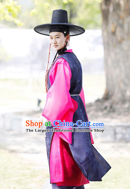 Korea Prince Navy Long Vest Rosy Shirt and Pants Traditional Bridegroom Costumes Festival Clothing Korean Wedding Hanbok