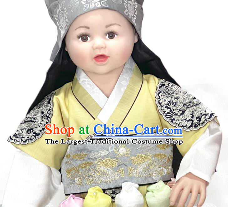 Korean Children Prince Yellow Vest White Shirt and Grey Pants Traditional Boy Birthday Hanbok Court Fashion Costumes
