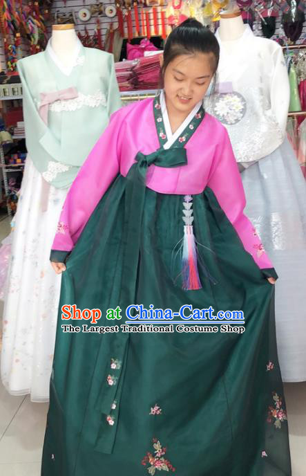 Korean Traditional Hanbok Costume Wedding Bride Garments Court Fashion Clothing Rosy Blouse and Deep Green Dress