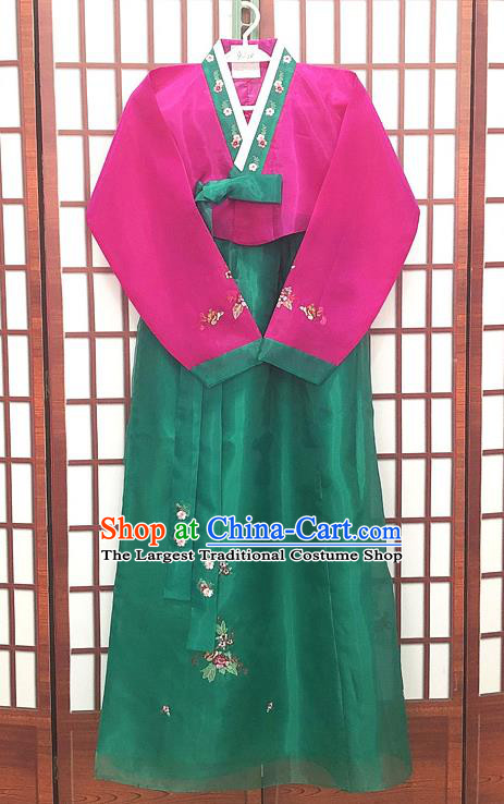 Korean Traditional Hanbok Costume Wedding Bride Garments Court Fashion Clothing Rosy Blouse and Deep Green Dress