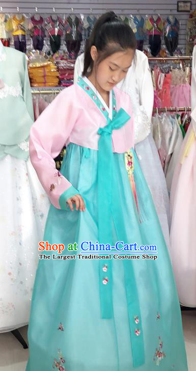 Korean Wedding Pink Blouse and Blue Dress Traditional Hanbok Costume Bride Garments Court Fashion Clothing