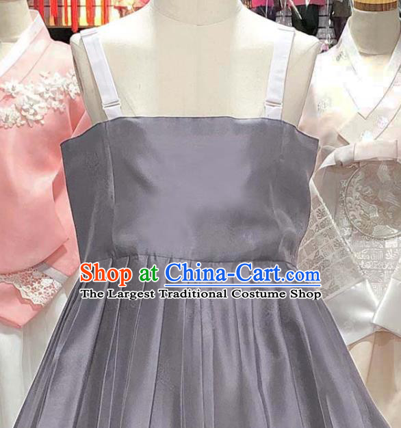 Korean Classical Embroidered Blue Blouse and Grey Dress Traditional Court Hanbok Costume Wedding Garments Bride Fashion Clothing