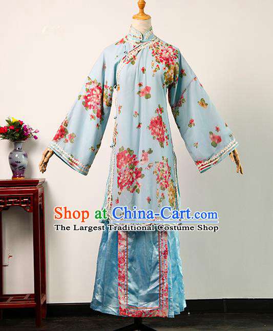 China Ancient Rich Concubine Printing Blue Blouse and Skirt Qing Dynasty Garments Traditional Drama Da Zhai Men Infanta Clothing