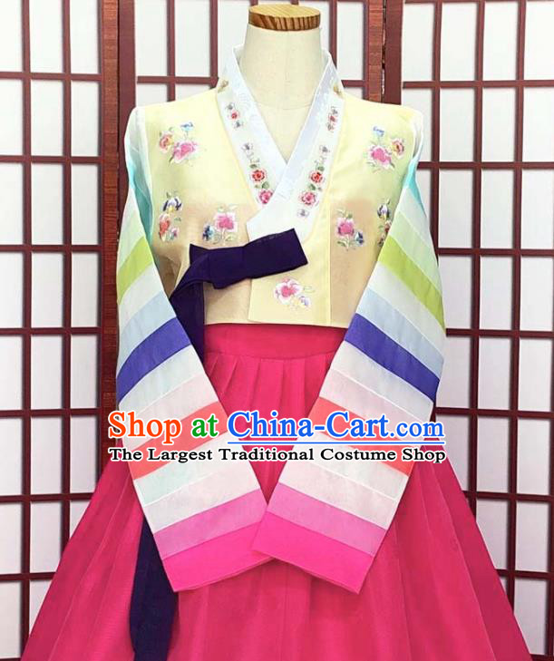Korean Wedding Garments Bride Fashion Clothing Classical Embroidered Yellow Blouse and Rosy Dress Traditional Court Hanbok Costume