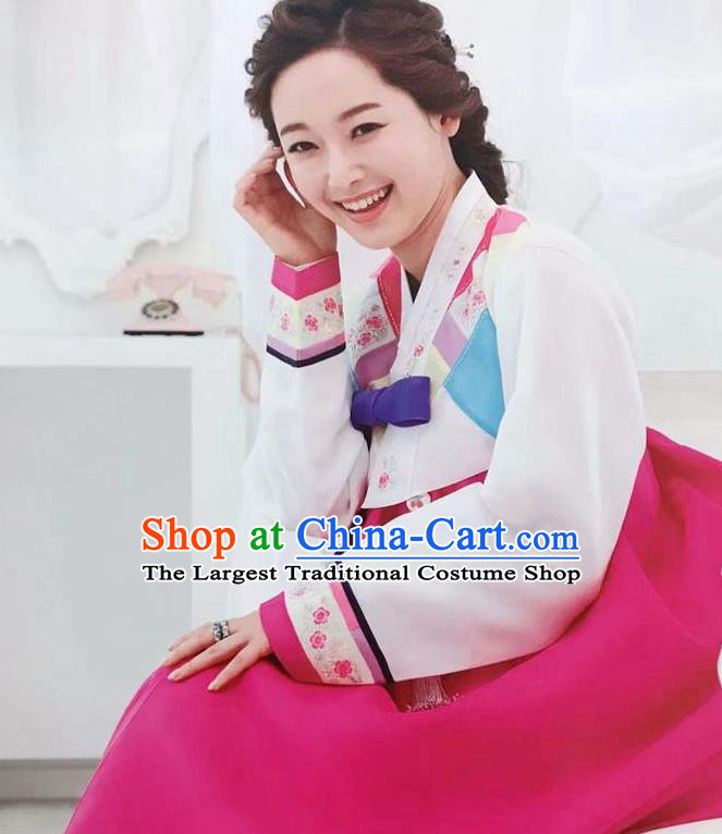 Korean Traditional Court Hanbok Costume Wedding Garments Bride Fashion Clothing Classical Embroidered White Blouse and Rosy Dress