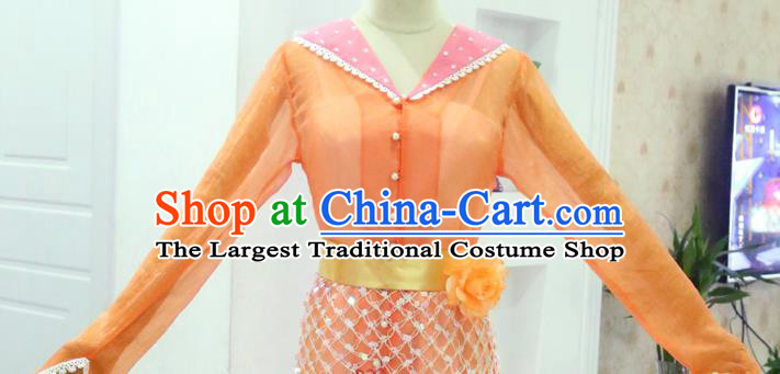 China Ancient Heavenly Princess Orange Hanfu Dress Cosplay Palace Beauty Garments Traditional Drama Seven Fairy Cheng Er Clothing