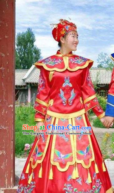 Chinese Xibe Nationality Wedding Clothing Sibe Minority Dance Performance Red Dress Uniforms Xinjiang Ethnic Bride Garment Costumes and Hair Accessories