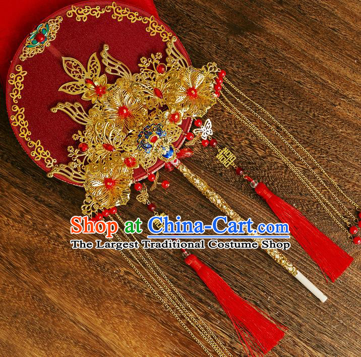 China Classical Dance Golden Tassel Fan Handmade Silk Circular Fan Traditional Wedding Red Fan Bride Palace Fan