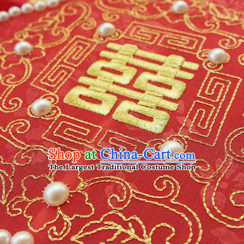 China Bride Pearls Palace Fan Classical Dance Fan Handmade Silk Plum Blossom Fan Traditional Wedding Red Fan