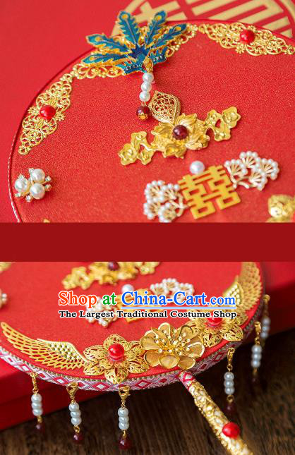 China Bride Palace Fan Classical Dance Circular Fan Handmade Red Silk Fan Traditional Wedding Fan