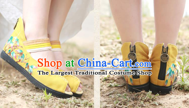 China Embroidered Bamboo Plimsolls Shoes Handmade Yellow Canvas Shoes National Folk Dance Sandal Shoes
