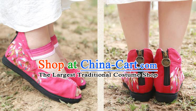 China National Folk Dance Sandal Shoes Embroidered Bamboo Plimsolls Shoes Handmade Rosy Canvas Shoes