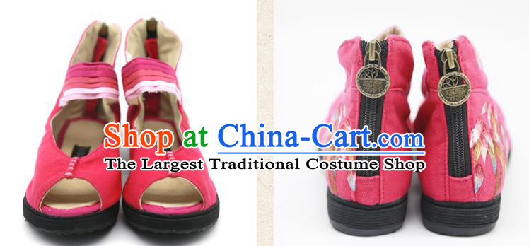 China National Folk Dance Sandal Shoes Embroidered Bamboo Plimsolls Shoes Handmade Rosy Canvas Shoes