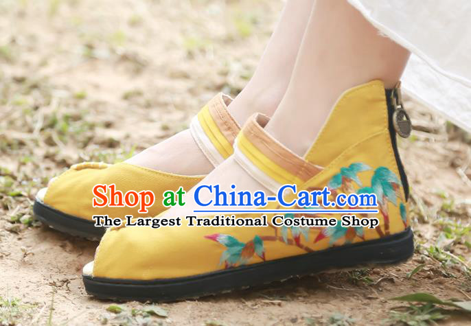 China Embroidered Bamboo Plimsolls Shoes Handmade Yellow Canvas Shoes National Folk Dance Sandal Shoes