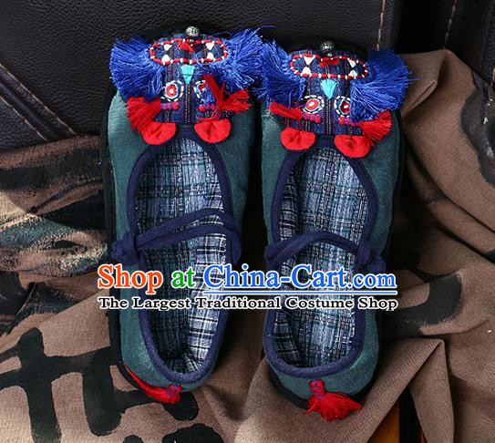 China Handmade Deep Green Canvas Shoes National Folk Dance Sandal Shoes Embroidered Tiger Head Shoes