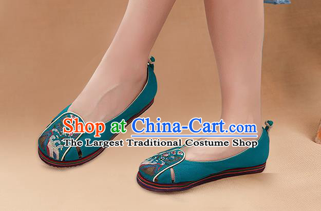 China Handmade Old Beijing Cloth Shoes National Folk Dance Shoes Embroidered Green Canvas Shoes