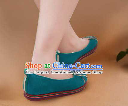 China Handmade Old Beijing Cloth Shoes National Folk Dance Shoes Embroidered Green Canvas Shoes