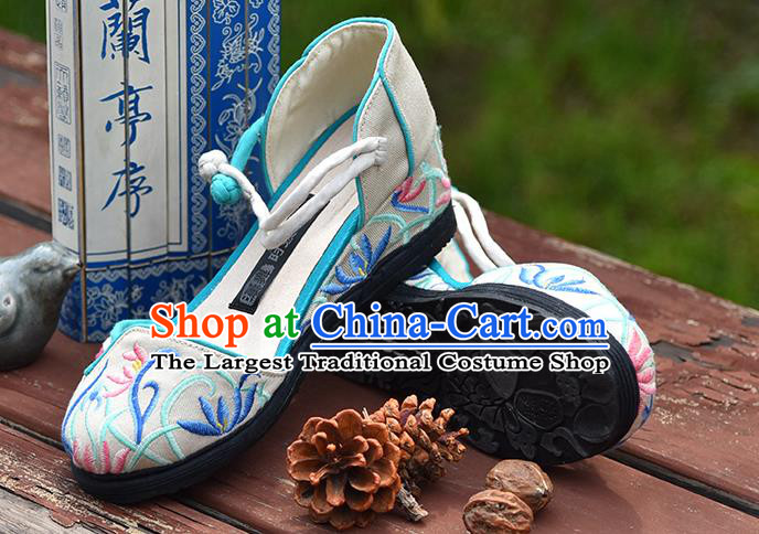 China National Folk Dance Shoes Embroidered Orchids White Canvas Shoes Handmade Old Beijing Cloth Shoes Woman Sandals
